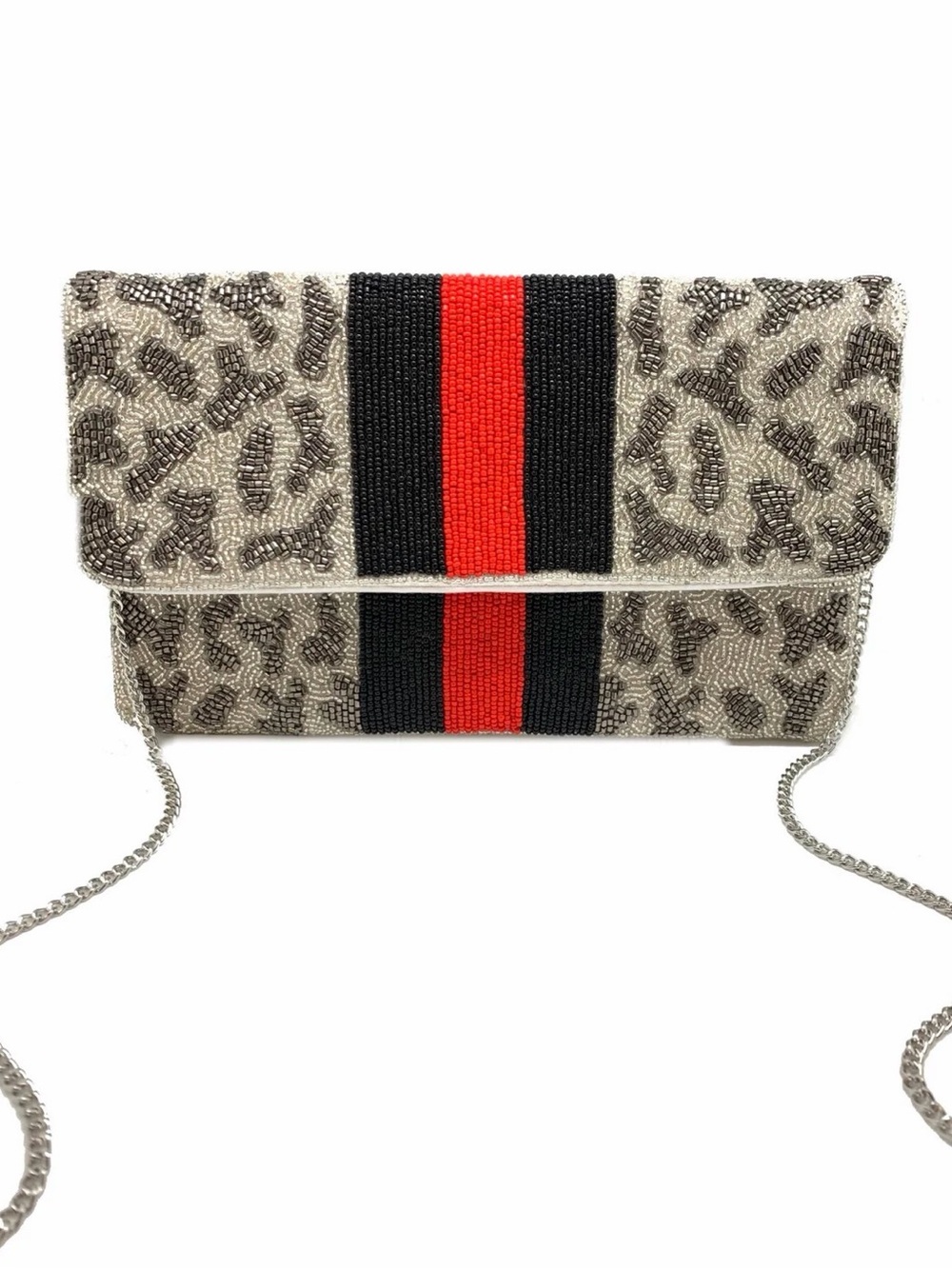 Beaded Silver Black and Red Leopard Clutch w/ Optional Chain Strap